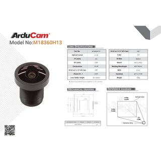 Arducam LN084 1/1.8 4K 3.6mm Wide Angle M12 Lens for OS08A10,OS08A20 and more image sensors with large optical format